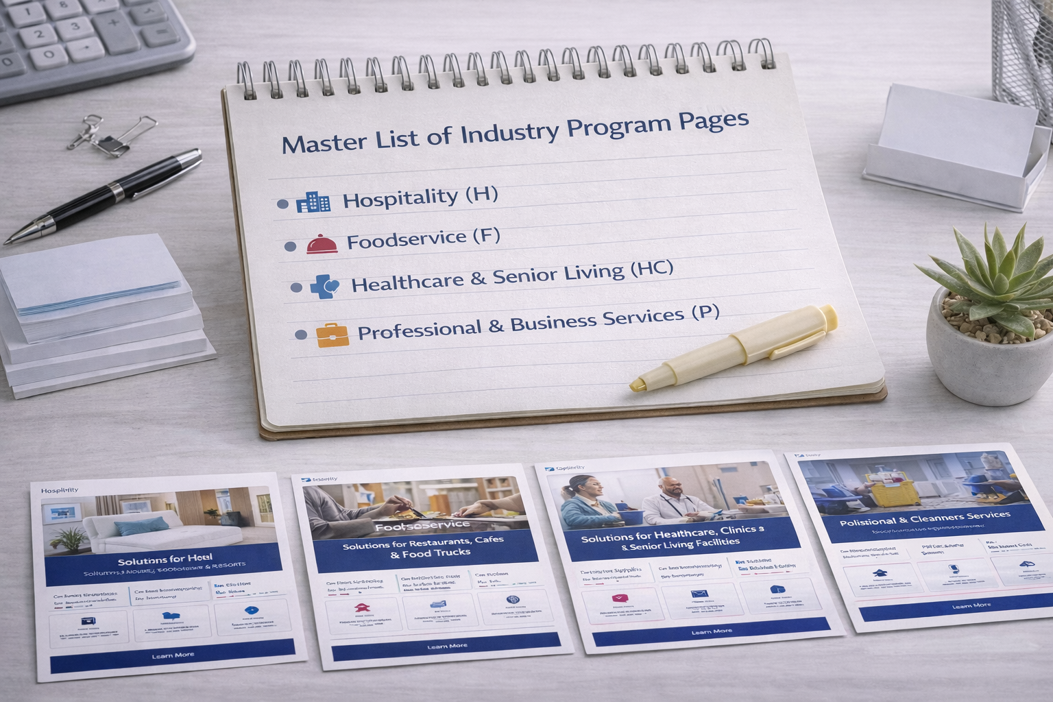 Industry program landing pages for hospitality, foodservice, healthcare and professional services